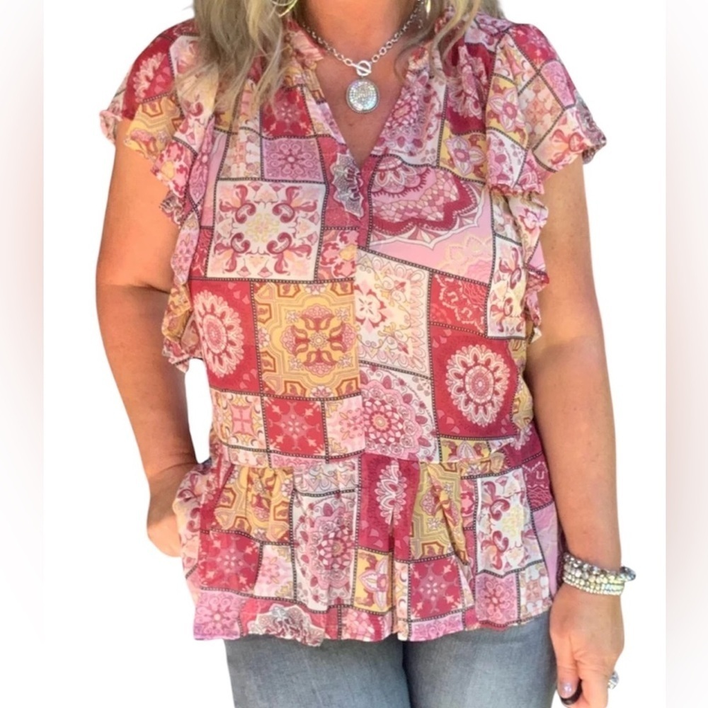 Umgee Multicolor Patchwork Blouse with Ruffle Sleeves - Picture 1 of 11